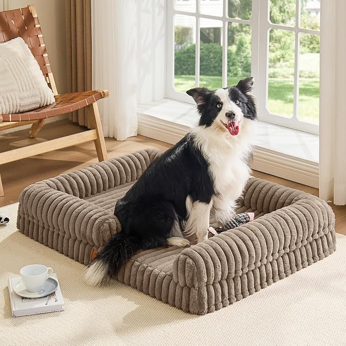 Orthopedic Dog Bed for XL Dogs, Washable Dog Bed with Faux Rabbit Fur Waterproof Cover, High Density Egg Crate Foam Support with 3-Sided Bolsters for Senior Dogs, Non-Skid Bottom, 41x30x7, Taupe