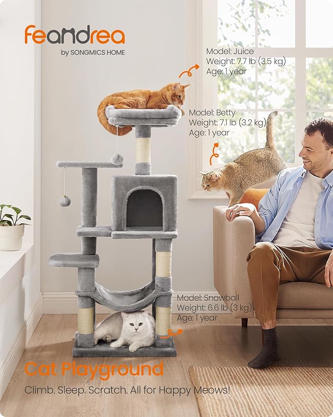Feandrea Cat Tree, 44.1-Inch Cat Tower, Plush Multi-Level Condo with 4 Scratching Posts, 2 Perches, Hammock, Cave, Light Gray UPCT261W01