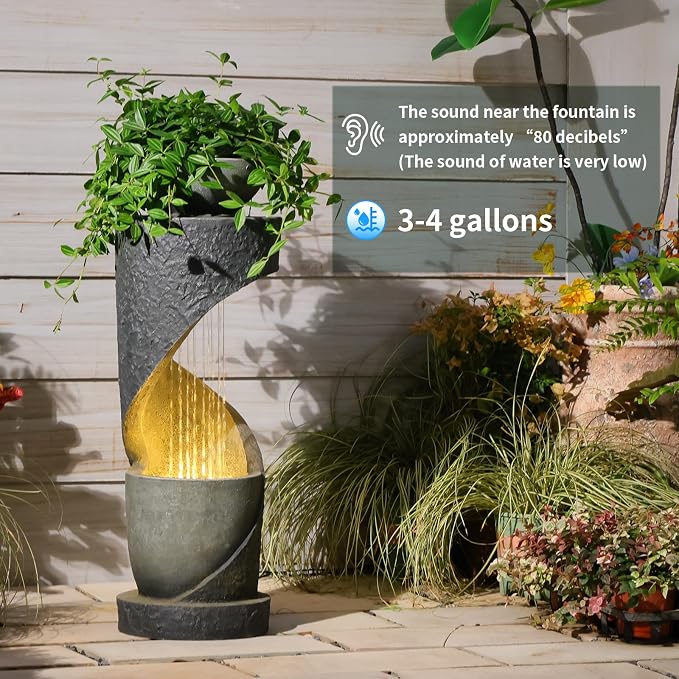 Tiered Outdoor Water Fountain, Modern Spiral Cascading Waterfall Fountain with Planter, Freestanding Resin Indoor Water Feature for Room, Garden, Patio, Deck, 31.5"H with Light Stone-Texture