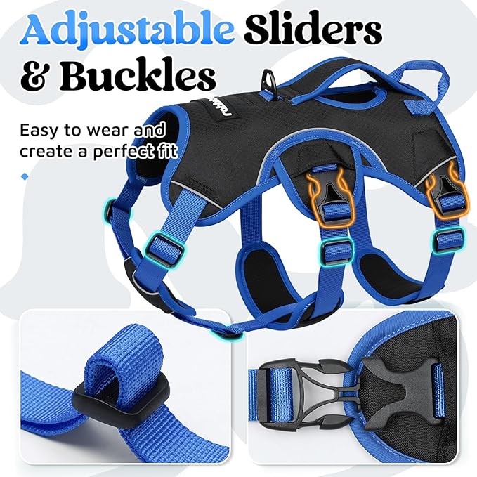 rabbitgoo Escape Proof Dog Harness Large Dogs, Soft Padded Full Body Pet Harness, Reflective Adjustable No Pull Vest with Lift Handle and Leash Clip for Walking Hiking Training, Blue & Black, XL