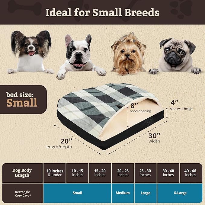 Snoozer Rectangle Cozy Cave Dog Bed - Indoor Dog Bed with Cover Cave, Covered Calming Burrow for Small Sized Pets with Blanket Attached, Enclosed, Washable Cover - Small, Barkley Black Diamond