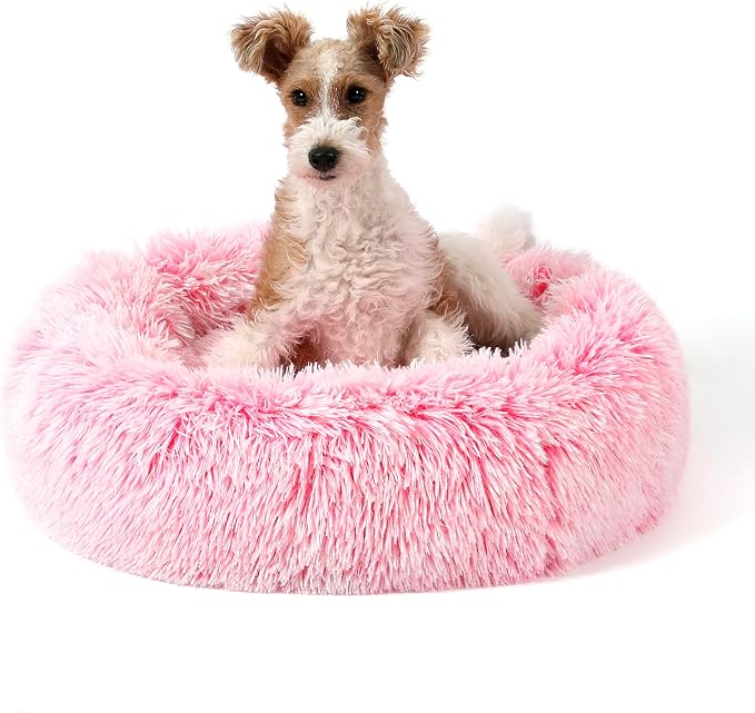 NOYAL Calming Donut Dog Bed for Small to Medium Dogs & Cats - Plush Faux Fur Anti-Anxiety Pet Bed with Machine Washable Cover & Non-Slip Base