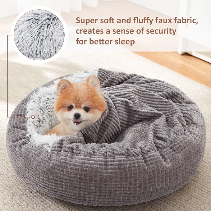 MIXJOY Small Dog Bed Cat Bed with Blanket Attached, Round Hooded Cozy Dog Cave Beds for Small Dogs, Soft Plush Cuddler Puppy Pet Bed, Anti-Slip Bottom, 23inch