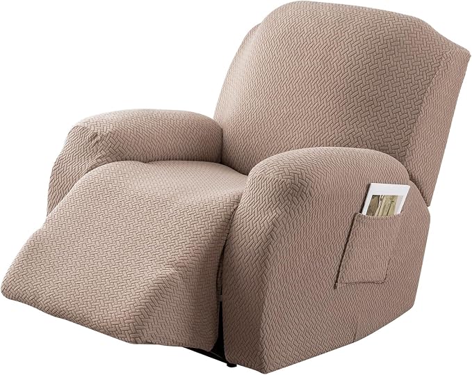 Genina Recliner Chair Covers, Stretch Reclining Chair Cover, Recliner Sofa Slipcovers Stripe Jacquard Lazy Couch Covers Furniture Protector Covers for Pet Kid (Taupe, 1 Seater)
