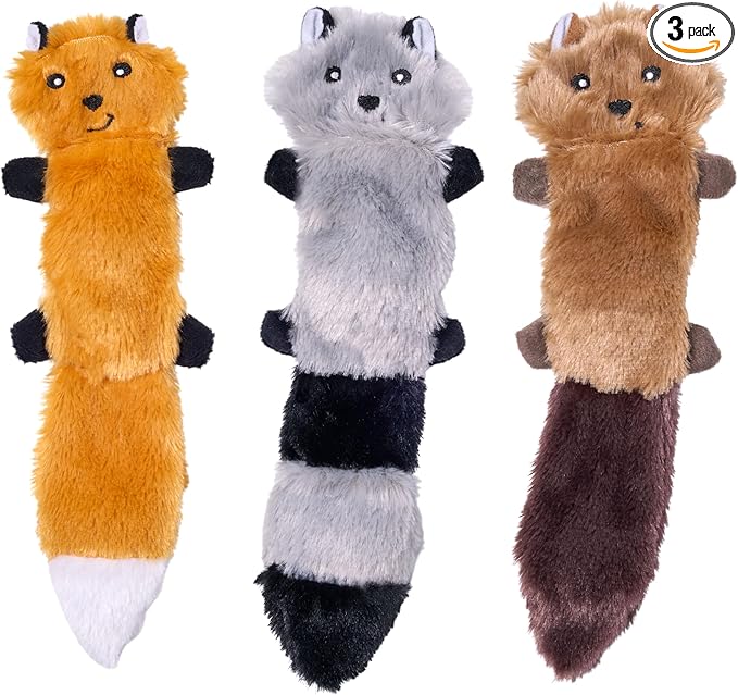 ZippyPaws Skinny Peltz - No Stuffing Dog Toy Pack to Keep Them Busy, for Small and Medium Dogs, Squeaky Pet Toys, Unstuffed Chew Toys, Soft Plush Variety Pack, Fox, Raccoon, and Squirrel - 11"