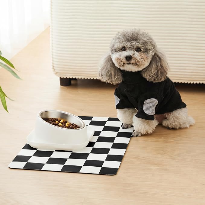 Checkered Dog Feeding Mat, Absorbent Mats for Dog Food and Water Bowl, Dispenser, Modern Aesthetic Black White Checkerboard Pet Placemat for Dogs, Cats, Puppy Accessories, 12" X19”