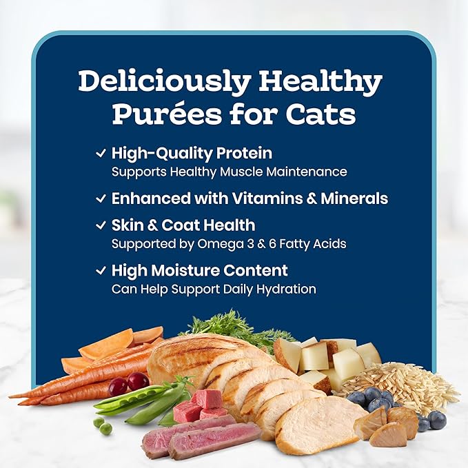 Blue Buffalo Tastefuls Purées Variety Pack Wet Cat Food Complement (Salmon, Chicken, Tuna, Beef) Made with Natural Ingredients, for All Life Stages, 3-oz. Resealable Pouches (12 Count)