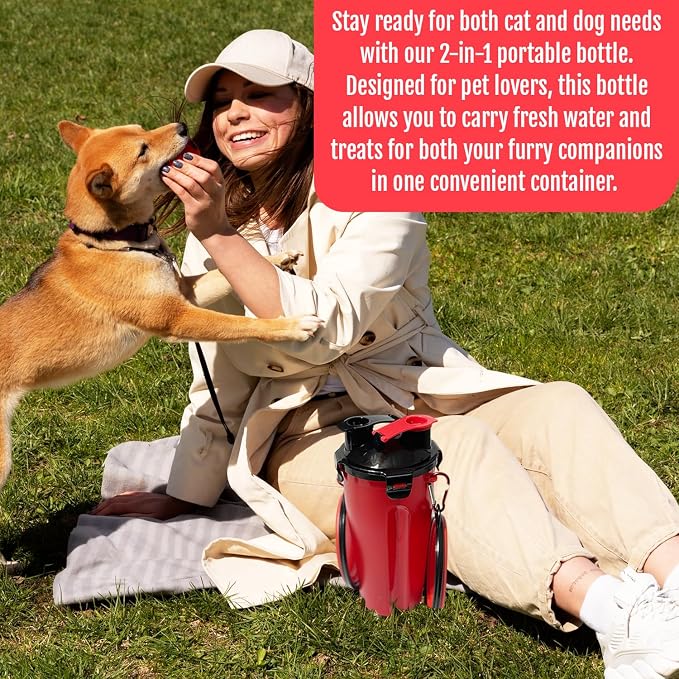 Dog Travel Water Bottle W/Collapsible Bowls - Portable 2 in 1 Leakproof Pet Water Bottle Food Container Ideal for Travel, Outdoor Portable Water Bowls for Walking, Camping & Hiking - (Red)