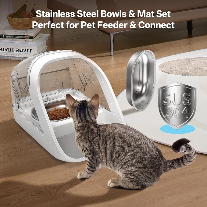 Stainless Steel Bowls and Mat Set for Automatic Microchip Pet Feeder, YOIHABV 2 Single SUS 304 Bowls and 1 Silicone Mat, Keep Food Fresh, Easy to Clean, Protect Cat Feeder