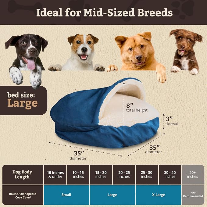 Snoozer Cozy Cave Dog Bed - Indoor Dog Bed with Cover Cave, Covered Calming Burrow for Small & Medium Sized Pets with Blanket Attached, Enclosed, Removable Washable Cover - Large, Sapphire