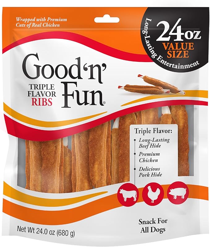 GOOD 'N' FUN Ribs Long-Lasting Dog Treat, with Real Proteins, Beef Hide and Premium Chicken, Supports Dental Health, Mental Stimulation, 24 oz