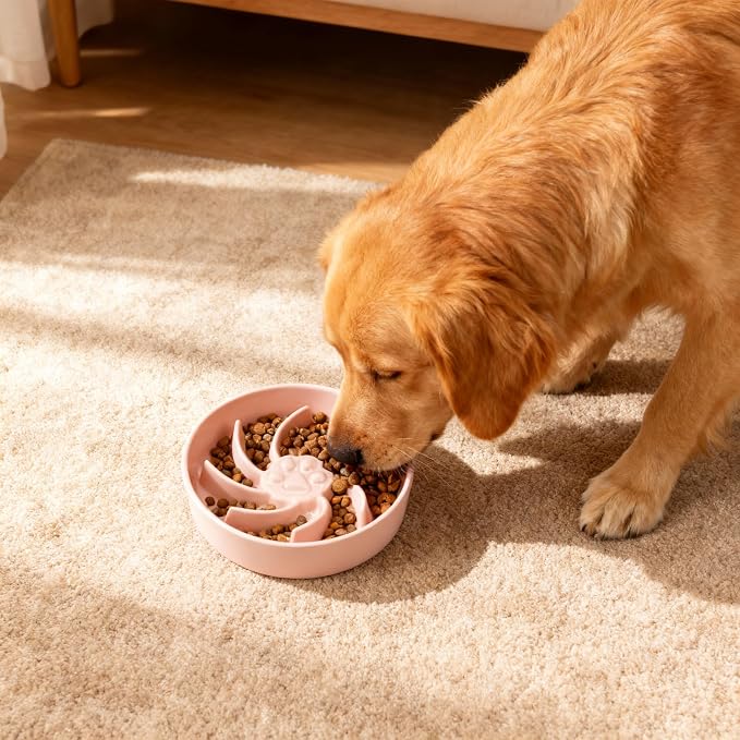 Ceramic Slow Feeder Dog Bowl, 3 Cup Dog Food or 25oz Water, Slow Eating Bowl for Middle Breed, Maze Puzzle Feeder for Fast Eaters, Anti-Choking Stop Bloat, Non-Slip BPA Free (Pink)