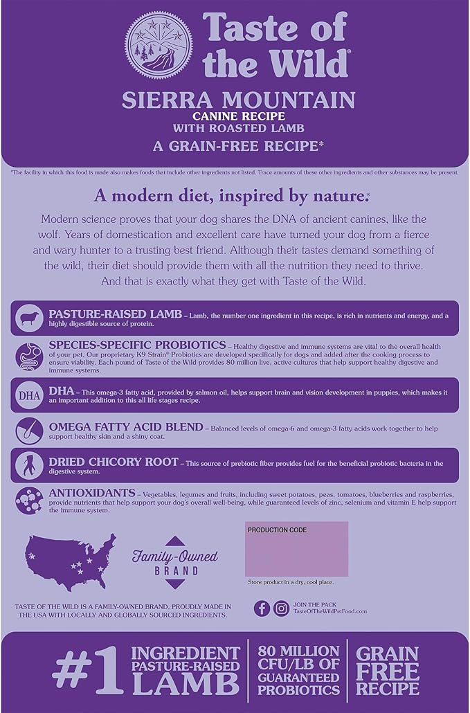Taste of the Wild Sierra Mountain Grain-Free Canine Recipe with Roasted Lamb Dry Dog Food for All Life Stages, Made with Protein from Real Lamb and Guaranteed Nutrients and Probiotics 14lb