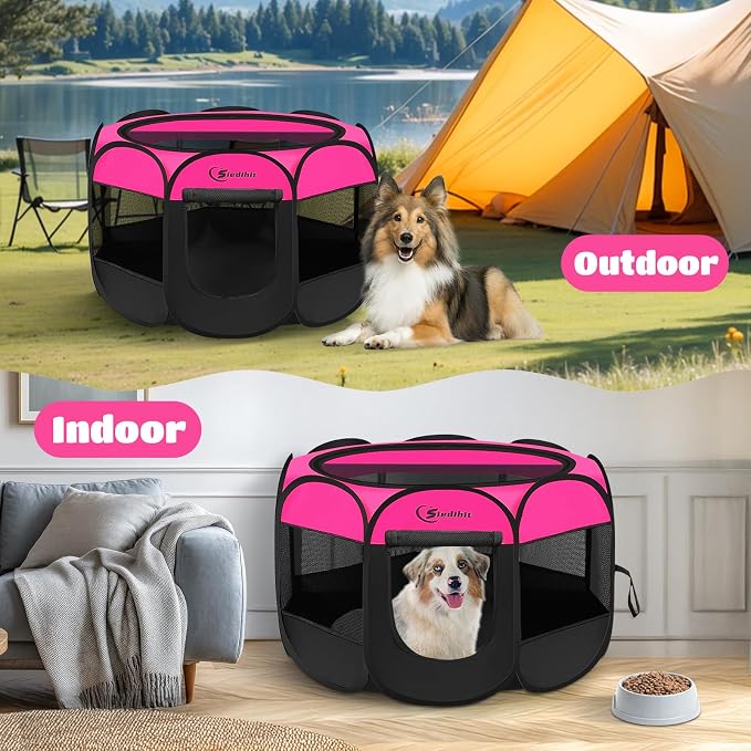 Siedihit Dog Cat Playpen, Large Puppy Pet Playpen, Dog Crate Tent Cage Indoor/Outdoor, Portable Pop Up Dogs Kennel Playpen with Carrying Case for Dogs/Cats/Rabbits, Hot Pink