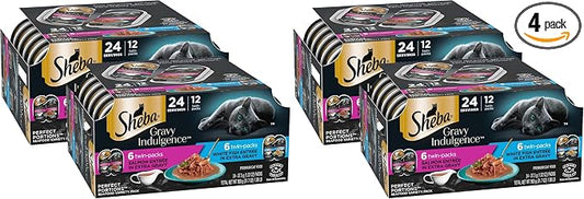 Sheba Gravy Indulgence Adult Wet Cat Food Salmon Entree in Extra Gravy and White Fish Entree Variety Pack,2.6 oz. -Pack Trays,(,24 Servings),12 Count (Pack of 4)