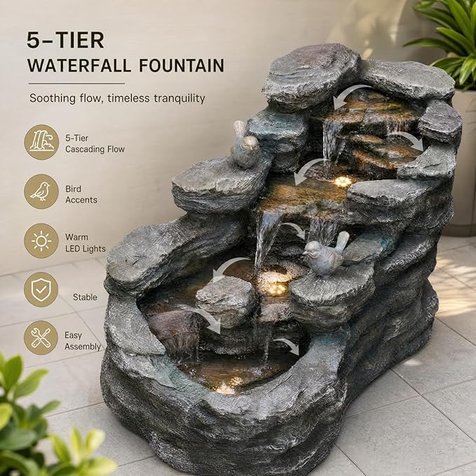 YZM 36.61" Outdoor Water Fountain with LED Lights, 5-Tier Cascading Rock Waterfall Fountain, Freestanding Resin Garden Fountain for Patio, Yard, Porch, Backyard and Indoor Decor