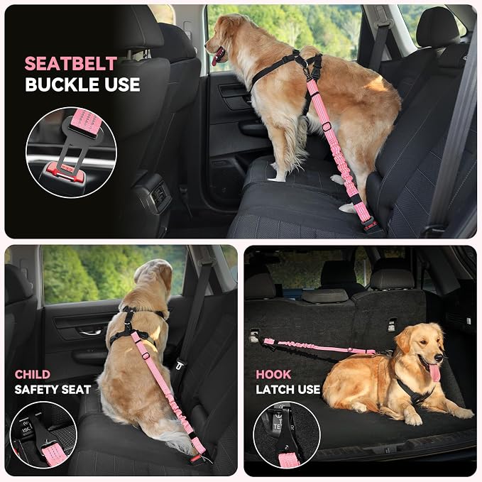 Pawaboo Dog Car Seat Belt– Reflective & Adjustable Dogs Cars Harness Leash with 360° Lockable Buckle, Shockproof Dogs Tether Bungee for Safe Travel, Pink