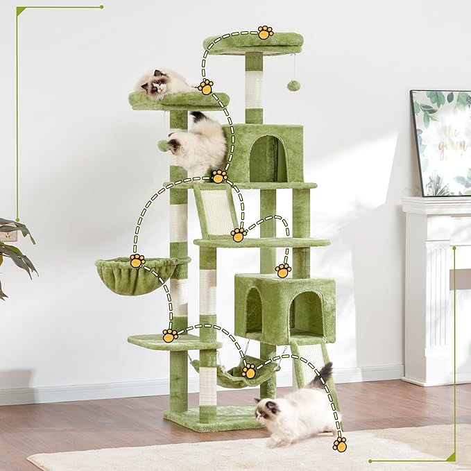 Gitelsnour Cat Tree for Indoor Cats, 71'' (180cm) Multi-Level Cat Tower for Large Adult, Sturdy Cat Tree House with 2 Scratching Boards 7 Posts, 2 Plush Perches/Condos, Hammock, Green GCT032GR