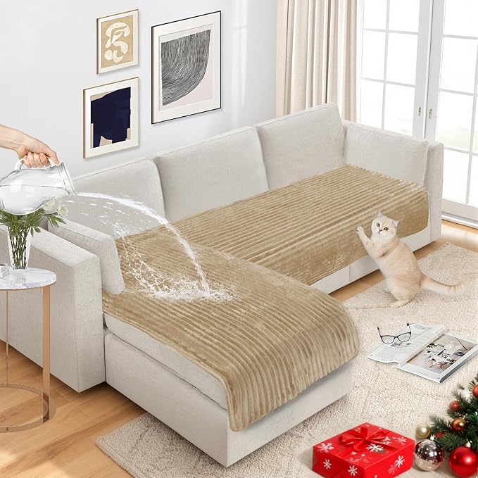 NAISI Couch Covers for Dogs Waterproof Flannel Striped Sofa Cover Pet Friendly Washable Dog Mat for Couch Anti Slip Sectional Sofa Slipcover Protector(2pcs/35"x63"+35"x70",Camel)
