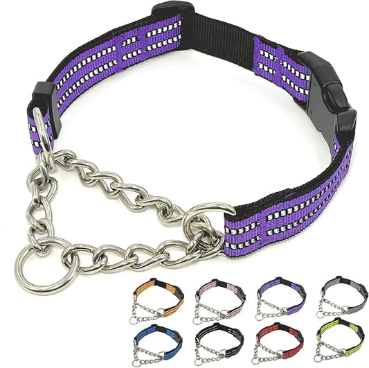Martingale Dog Collars, Reflective Nylon Collar with Stainless Steel Chain, Adjustable Walking Training Dog Collars with Quick Release Buckle, Suitable for Small Medium Large Dogs(Purple,L)