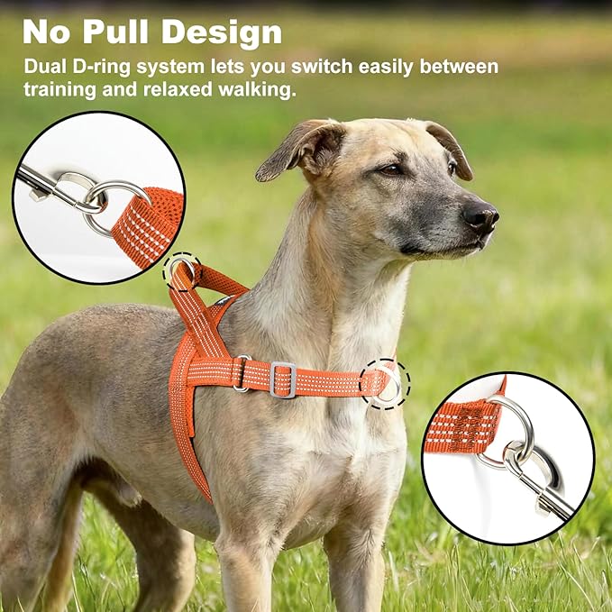 No Pull Dog Harness with Handle, Adjustable Soft Mesh Padded Reflective Walking Harness with Front Clip for Small Medium Large Dogs – Quick Fit No Escape for Training and Hiking (Orange, S)