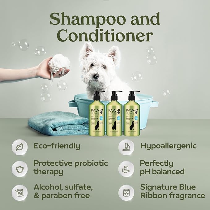 Pawfume Dog Gift Basket, 6-Piece Box – Give Your Pup a Spa-Quality Coat & Odor-Free Freshness – Probiotic Deodorizer Spray, Hypoallergenic Grooming Mist & Premium Brush – Dog Gift Boxes for All Breeds