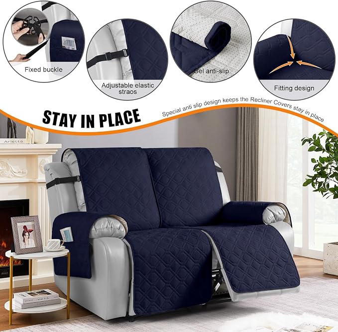 VANSOFY Waterproof Recliner Couch Covers, Sofa Covers 1-Piece Washable Reclining Sofa Cover Non-Slip Furniture Protector with Elastic Straps Pocket for Dogs, Pets(Dark Blue,2 Seater)