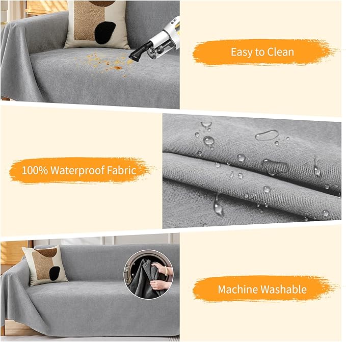 Deep Dream Cat-Scratch Resistant Couch Cover, Waterproof Sofa Cover for 3 Cushion Couch Washable, Pet Friendly Couch Protectors Anti Slip Thickened Sofa Slipcovers for Dogs Pets,71" x 150",Light Grey