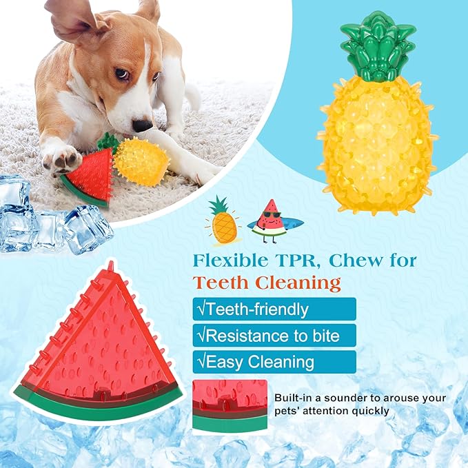 Pawaboo Pet Teether Cooling Chew Toys, Freezable Teething Toy for Puppies, Watermelon and Pineapple Shape Freeze Interactive Toys in Summer, Frozen Dog Treat Training Tools for Small and Medium Dogs