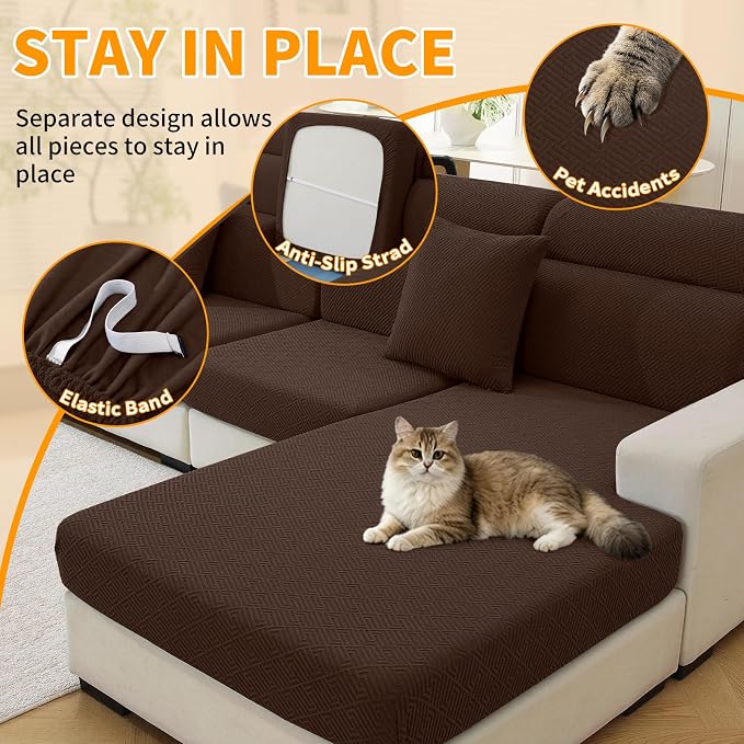 XINEAGE Couch Cushion Covers Seat Cushion Cover Thick Stretch Sofa Slipcovers 2 Piece Individual Couch Covers with Elastic Bottom(2 Seat Cushion/Backrest,Coffee)