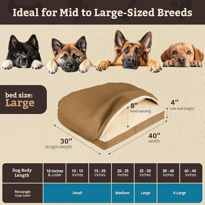 Snoozer Rectangle Cozy Cave Dog Bed - Indoor Dog Bed with Cover Cave, Covered Calming Burrow for Medium & Large Sized Pets with Blanket Attached, Enclosed, Washable Cover - Large, Camel