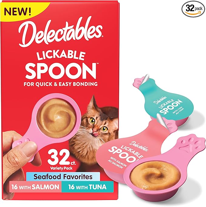 Delectables Lickable Spoon Handheld Wet Cat Treats Made with Real Salmon & Tuna, Creamy Puree, Mess Free, Quick & Easy, Grain-Free, No Added Fillers, No Added Preservatives, Variety Pack, 32ct