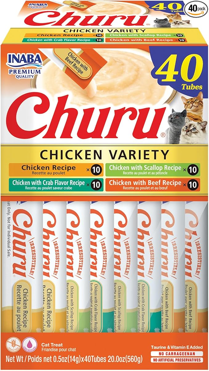 INABA Churu Cat Treats, Lickable, Squeezable Creamy Purée Cat Treat with Green Tea Extract & Taurine, 0.5 Ounces Each Tube, 40 Tubes, Chicken Variety Box