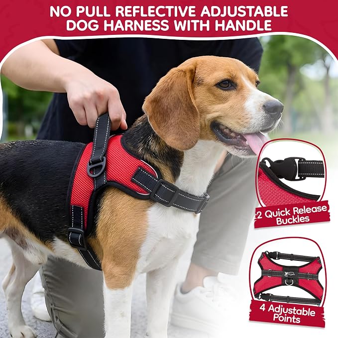 No Pull Reflective Adjustable Dog Harness With Handle- Comfortable Soft All Weather Mesh, Easy On Puppy Harness For Small Medium and Large Dogs (Red) Medium