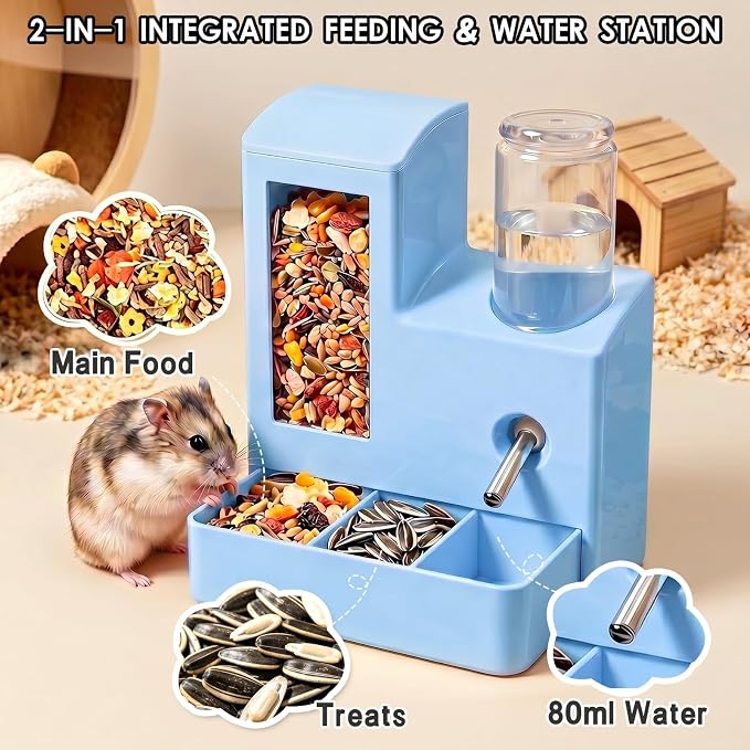 Hamster Water Bottle and Food Bowl, No Drip 2-in-1 Automatic Feeder and Waterer, Gravity Self Feeding Guinea Pig Feeder for Small Pets, Hamster Cage Accessories, 5.51 x 4.33 x 6.49 Inch