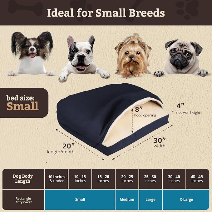 Snoozer Rectangle Cozy Cave Dog Bed - Indoor Dog Bed with Cover Cave, Covered Calming Burrow for Small Sized Pets with Blanket Attached, Enclosed, Washable Cover - Small, Navy
