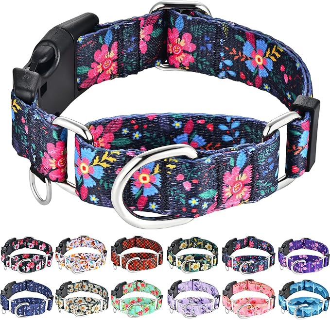 Martingale Collar for Dogs Floral Dog Collars for Small Medium Large Dogs with Buckle Adjustable Soft Nylon Dog Collar (Blue Pink Flower, Small)