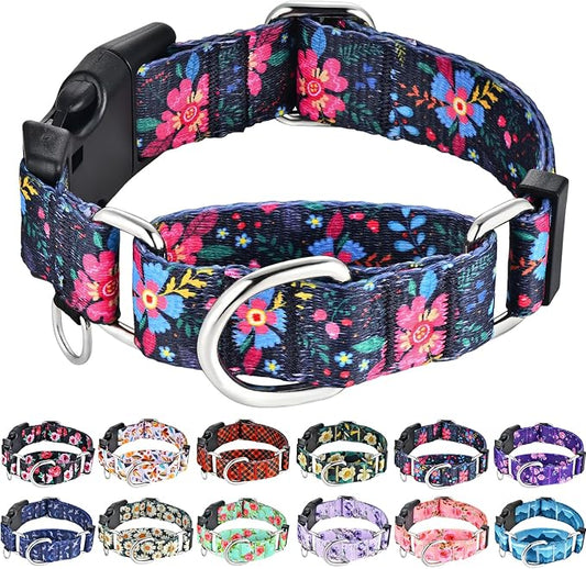Martingale Collar for Dogs Floral Dog Collars for Small Medium Large Dogs with Buckle Adjustable Soft Nylon Dog Collar (Blue Pink Flower, XLarge)