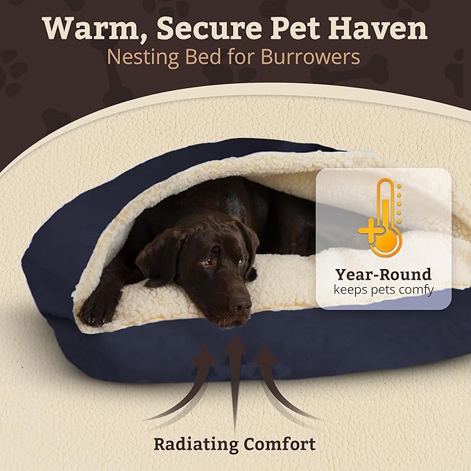 Snoozer Rectangle Cozy Cave Dog Bed - Indoor Dog Bed with Cover Cave, Covered Calming Burrow for Small Sized Pets with Blanket Attached, Enclosed, Washable Cover - Small, Navy