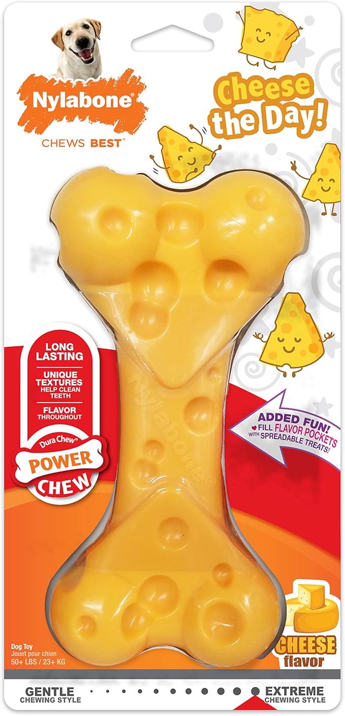 Nylabone Cheese Bone Power Chew Toy for Dogs, Cute Dog Toys for Aggressive Chewers, Cheese Flavor, X-Large Dogs - 50+ lbs, 1 Count