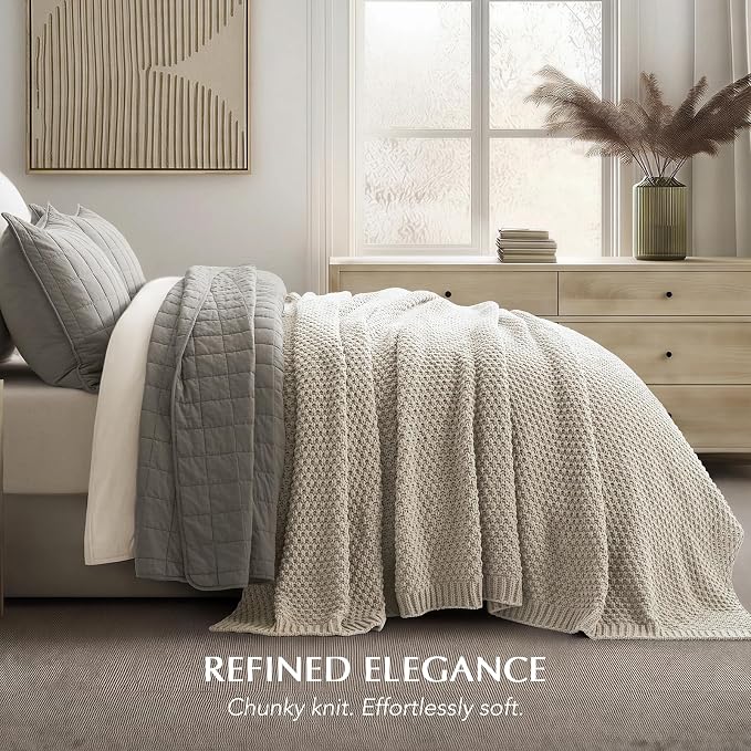 EVERGRACEHOME Chunky Polyester Knit Throw Blanket for Couch, Soft Luxurious Oversized King Moss Stitch Blanket for Bed, Large Cozy Farmhouse Knitted Throw for Sofa, Warm Gray, 108" x 92"