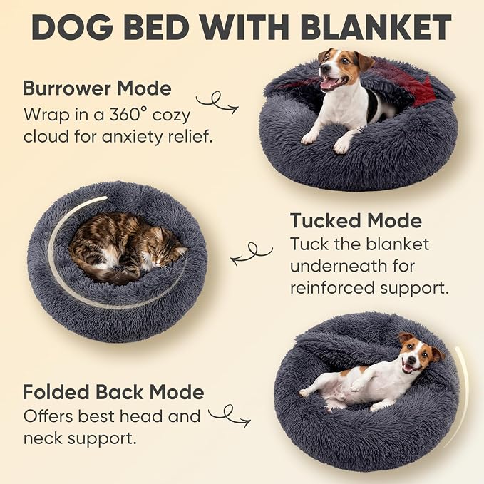 Himax Medium Dog Bed, Round Dogs Beds with Blanket Attached, Comfort Fluffy Calming Dog Bed Washable (20"/26"/35") Deep Grey
