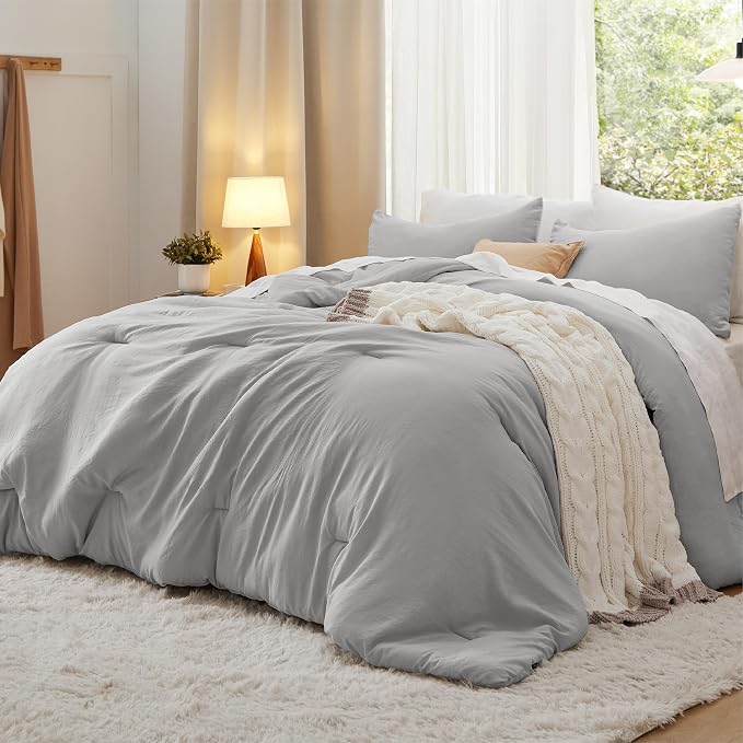 Bedsure King Comforter Set, Silver Grey Soft Prewashed Bedding for All Seasons, 3 Pieces GentleSoft Bed Set, 1 Lightweight Comforter (104"x90") and 2 Pillowcases (20"x36")