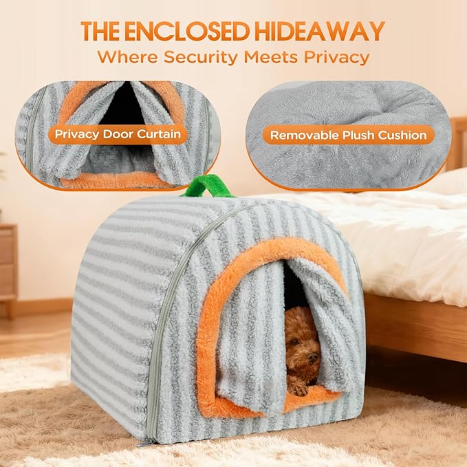 Dog House Indoor for Small Dogs, 2-in-1 Enclosed Dog Bed with Cover Cave & Curtain, Dog Tent with Plush Washable Cushion, Inside Dog House for Pets Under 17 lbs(Grey, Medium)