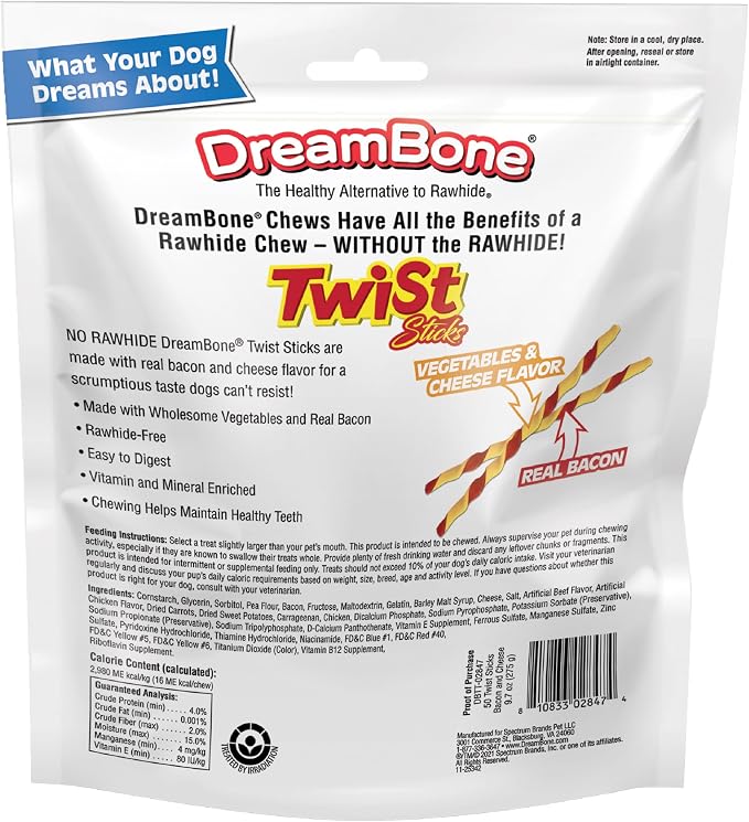 DreamBone Bacon and Cheese Twist Stick Dog Treats, Daily Rawhide-Free Chew, Digests Safely and Completely, With Real Protein, Bacon, Cheese and Veggies, 50 count