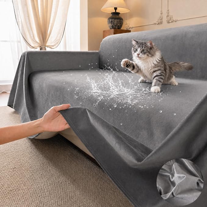 Loiion Velvet Sofa Cover, Ultra Soft Waterproof Non-Slip Couch Cover for Pets, Cat-Scratch Resistant Couch Cover, Pet & Kid Proof Scratch & Hair Resistant Washable Furniture Protector 118"X91" Grey