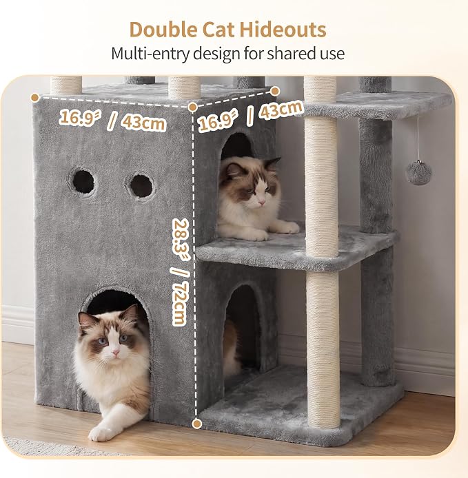 Heybly Cat Tree, 69.7 inches Secure Anti-Tip Cat Tower for Large Cats, Expansive Cat Furniture with Dual-Tier Cat Condo Villa, 2 Top Perches, Hammock & Full Sisal Scratching Posts, Light Gray HCT065W