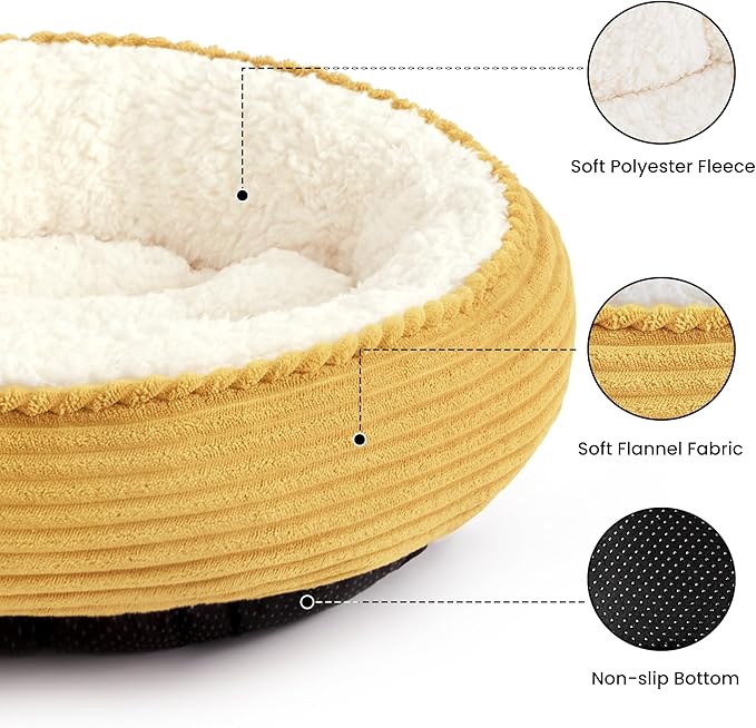 Love's cabin Round Donut Cat and Dog Cushion Bed, 24in Pet Bed for Small or Medium Dogs, Anti-Slip & Water-Resistant Bottom, Soft Durable Fabric Pet Beds, Washable Calming Cat Bed Yellow