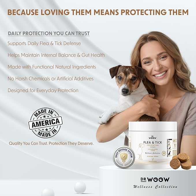 Dog Flea & Tick Prevention Chews – Daily Defense Supplement for Parasites, Gut & Immune Support – Natural Formula Soft Chews – Made in USA – Dr. Woow (120 Ct)