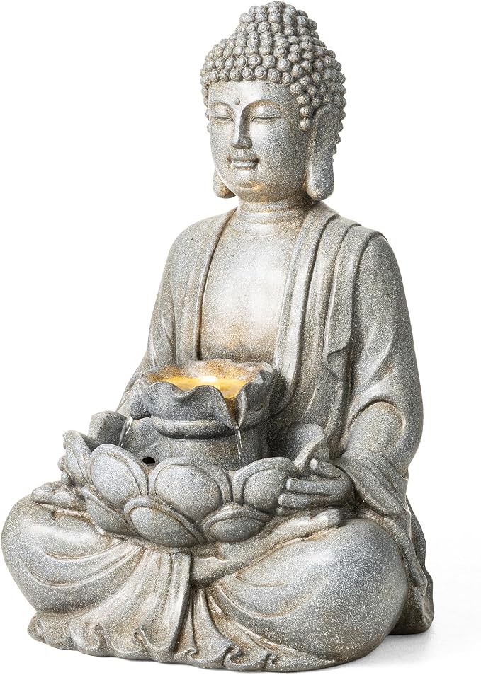 Glitzhome Buddha Outdoor Water Fountain with Lights and Pump, 28.25" H Zen Style Outdoor Fountain Concrete Meditating Buddha Statue Polyresin Garden Fountain Waterfall for Patio, Porch, or Yard Decor